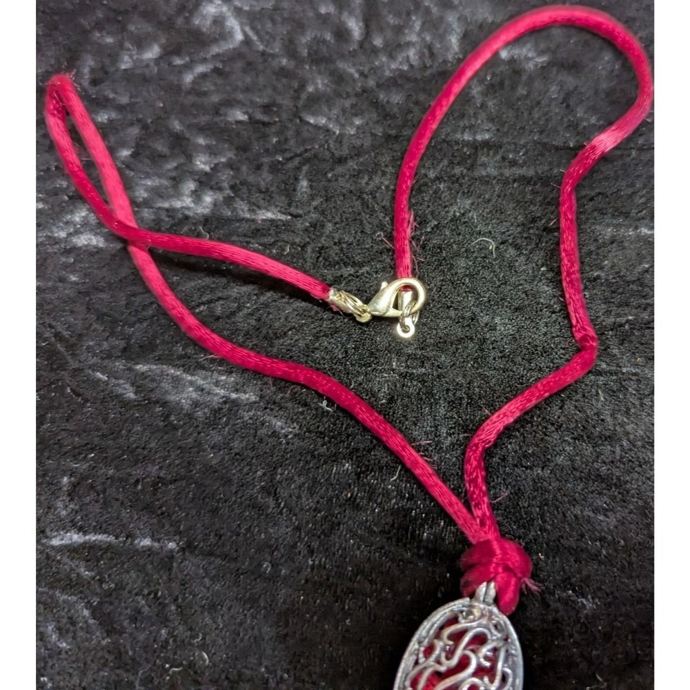 Red Cord Necklace Filigree Oval Locket Caged Pendant Opens for Beads or Scents
